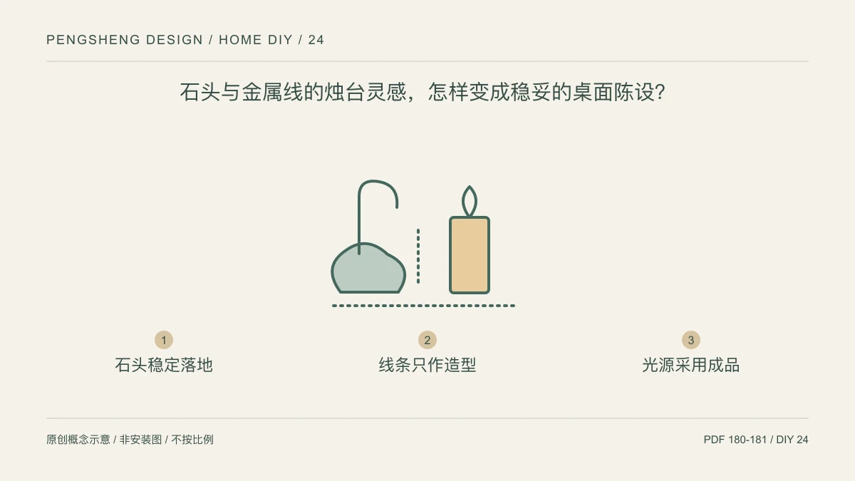 石头与金属线的烛台灵感,怎样变成稳妥的桌面陈设?:石头稳定落地 / 线条只作造型 / 光源采用成品示意