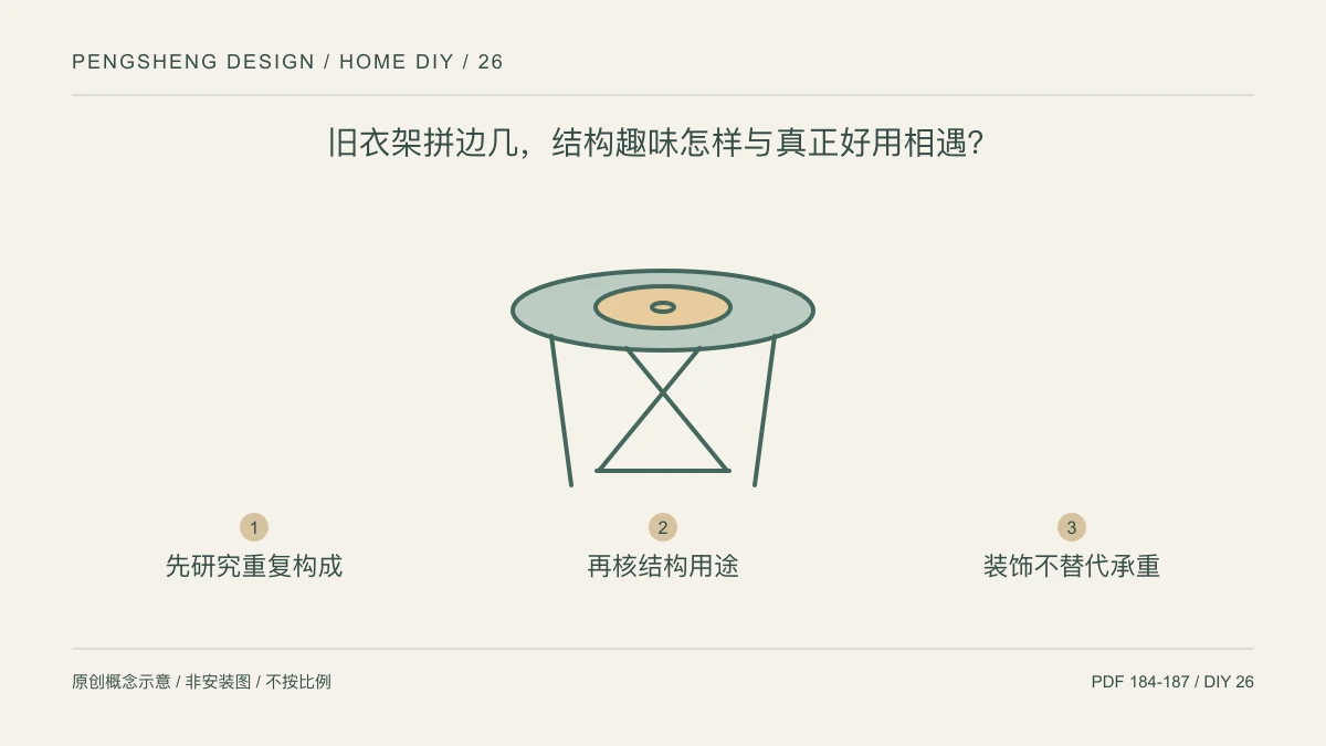 旧衣架拼边几,结构趣味怎样与真正好用相遇?:先研究重复构成 / 再核结构用途 / 装饰不替代承重示意